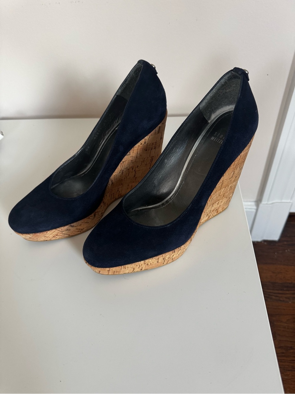 Stuart Weitzman Women's Navy Suede Cork Wedge Pumps